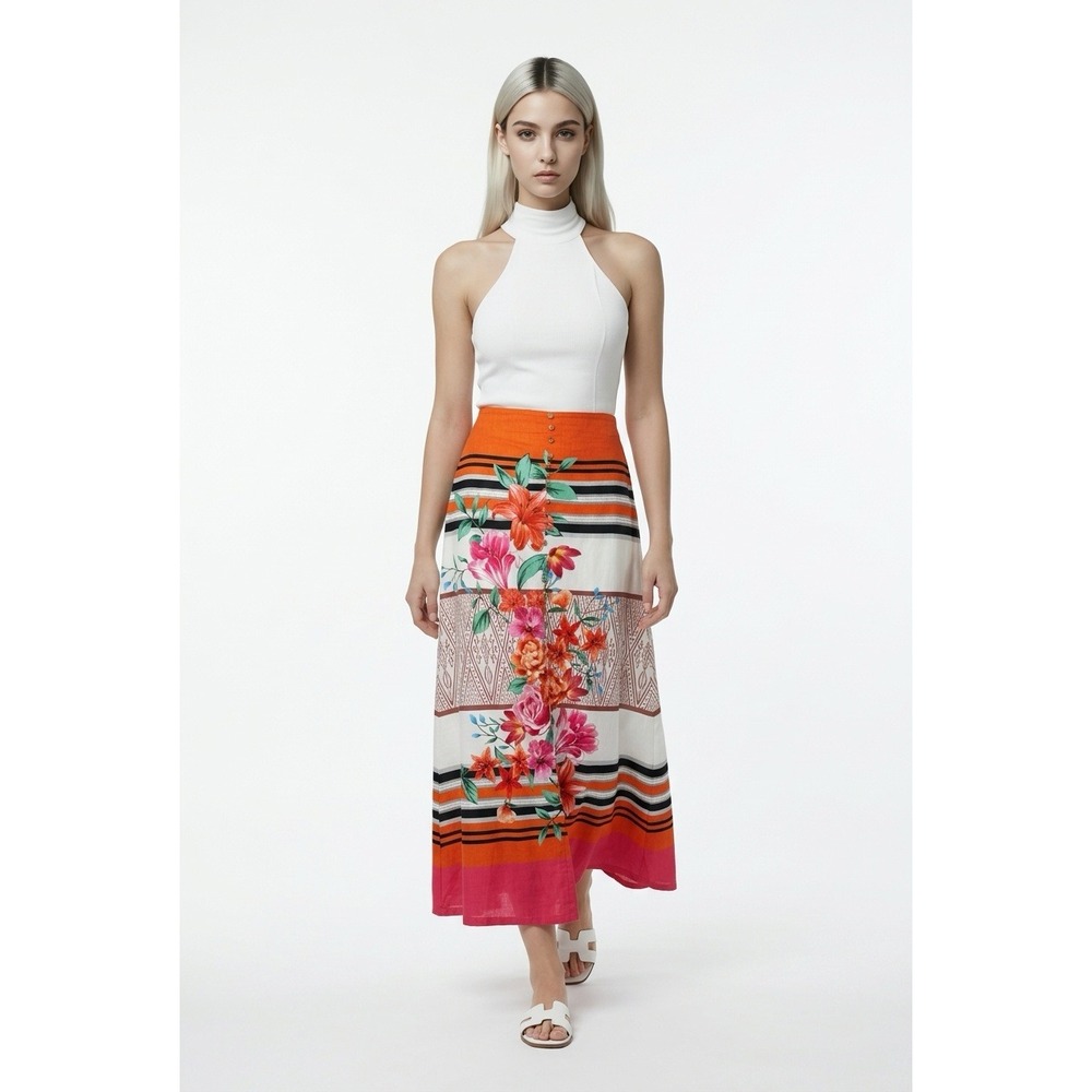 La Diosa Tropical Floral Maxi Skirt Orange White Striped Sm Vacation Boho Resort